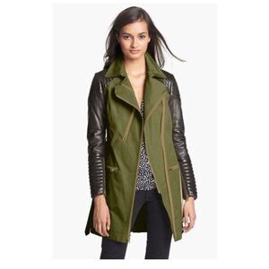 REBECCA MINKOFF Kiefer Jacket Trench Mixed Media Coat Olive Green Black Leather